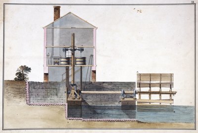 Flydehjul, der driver en majsmølle (pen & blæk og wc på papir) af English School